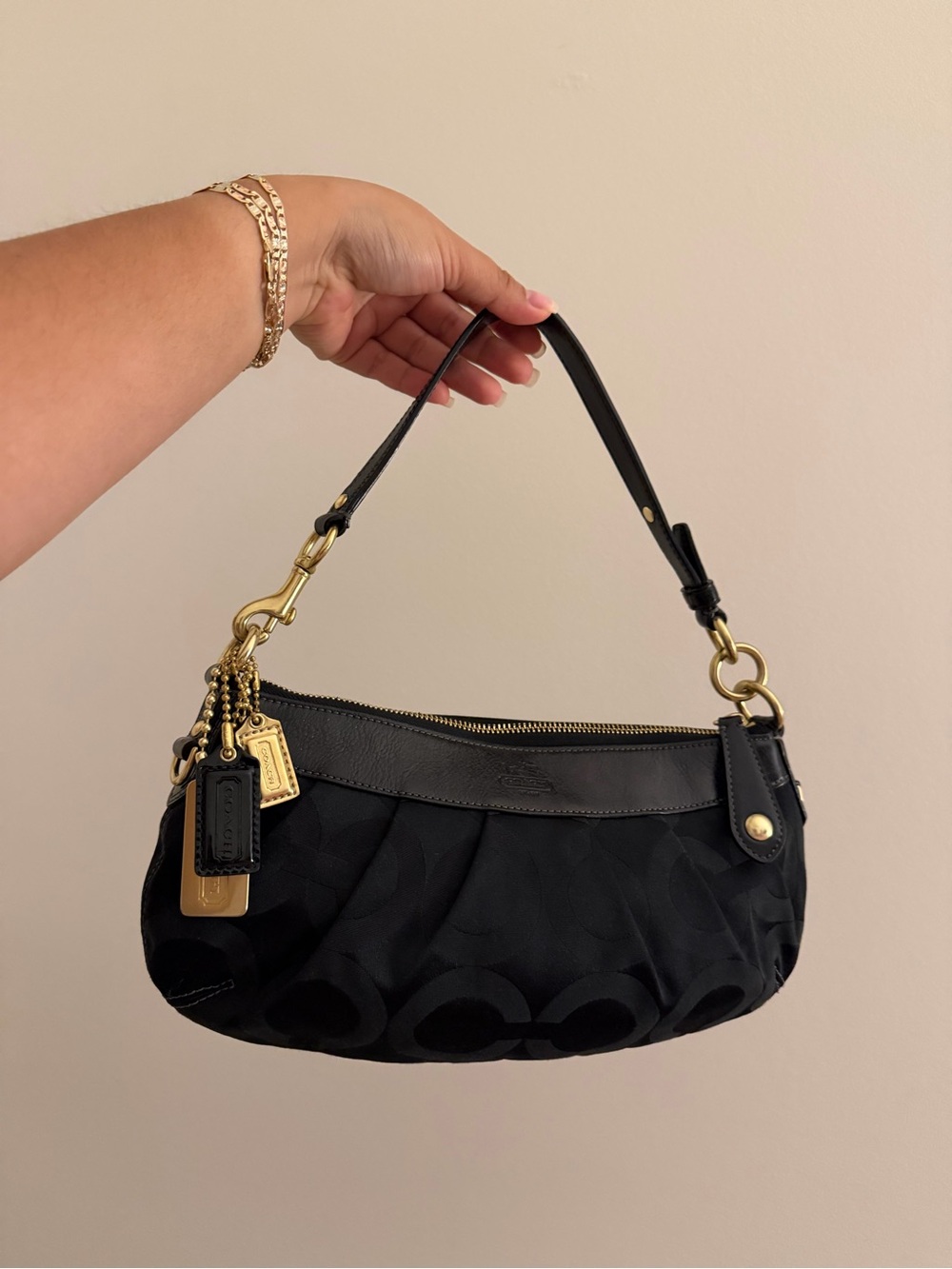 Coach Black Signature Canvas Shoulder Bag with Gold-Tone Hardware